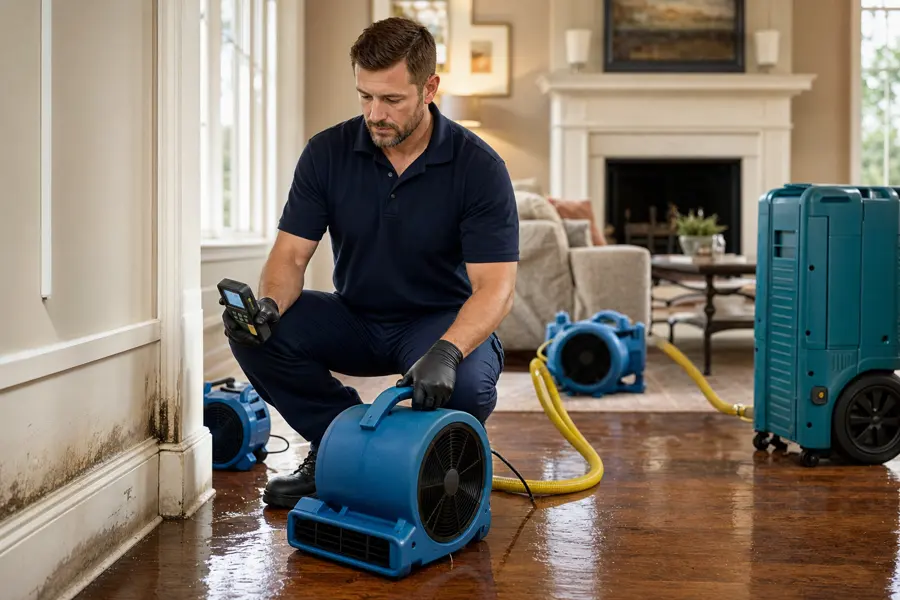 Water Damage Des Plaines crew setting drying equipment in a Des Plaines, IL home