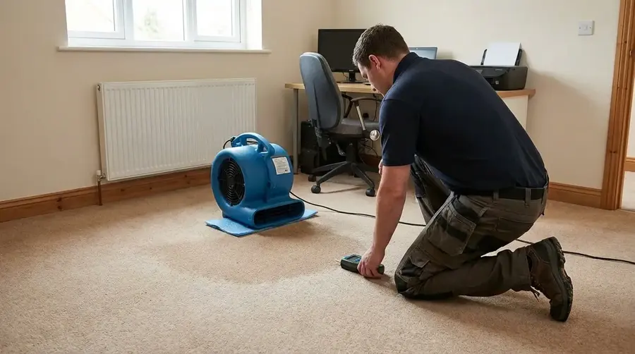 Restoration technician drying a floor in a Des Plaines, IL home