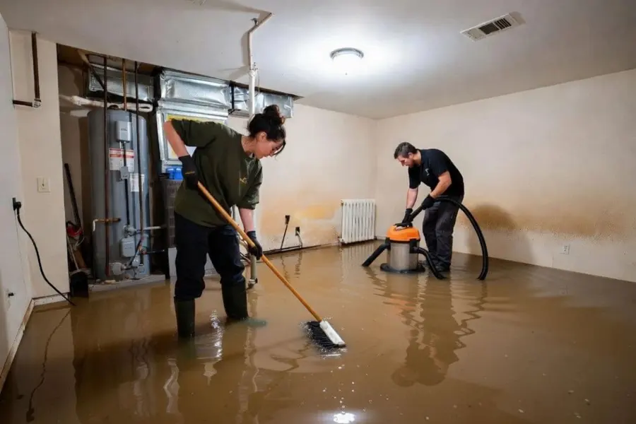 Restoration crew clearing water from a flooded Des Plaines, IL basement